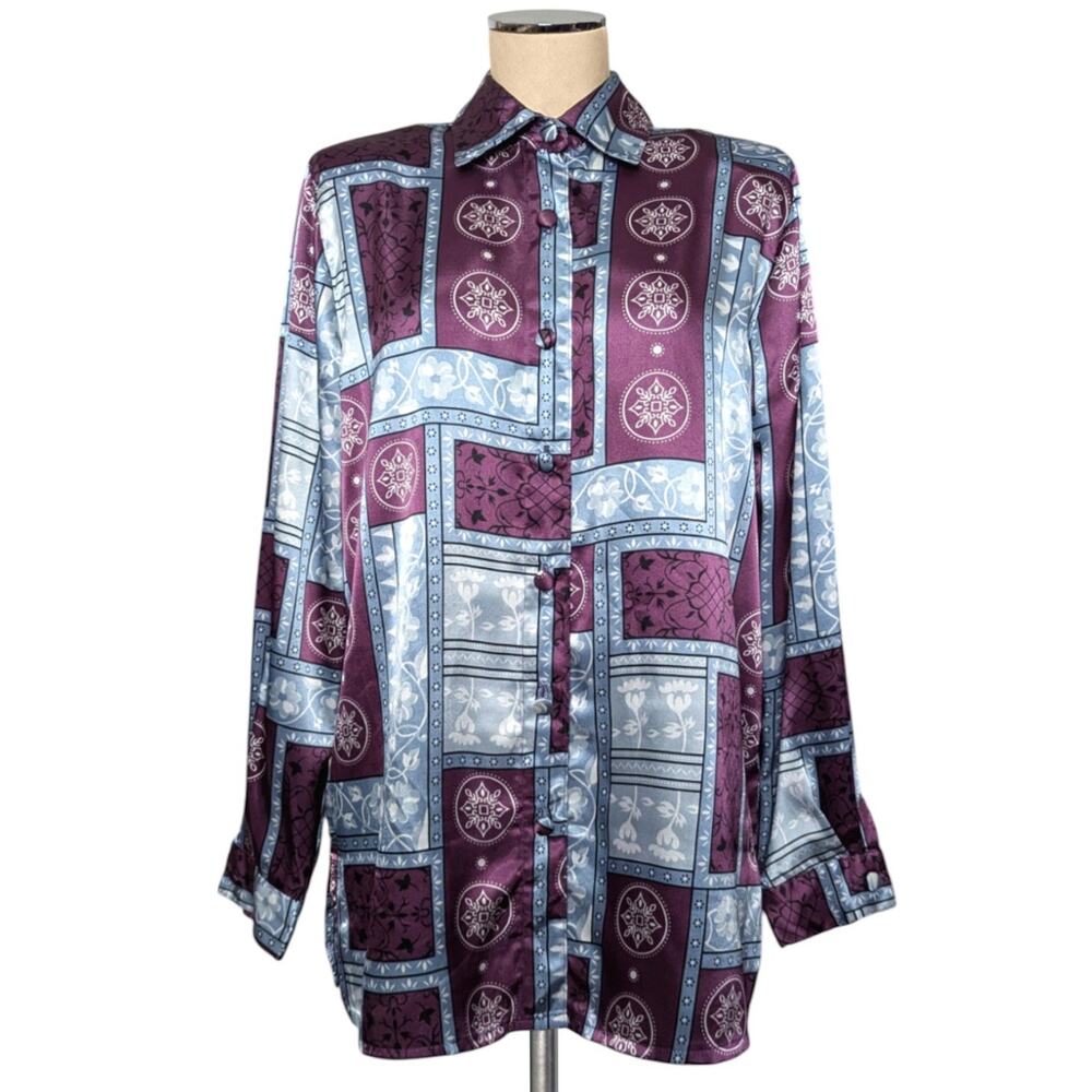 Vintage Y2K BROWNSTONE Studio New York Satin Feel Button Up Shirt Top Blouse 12